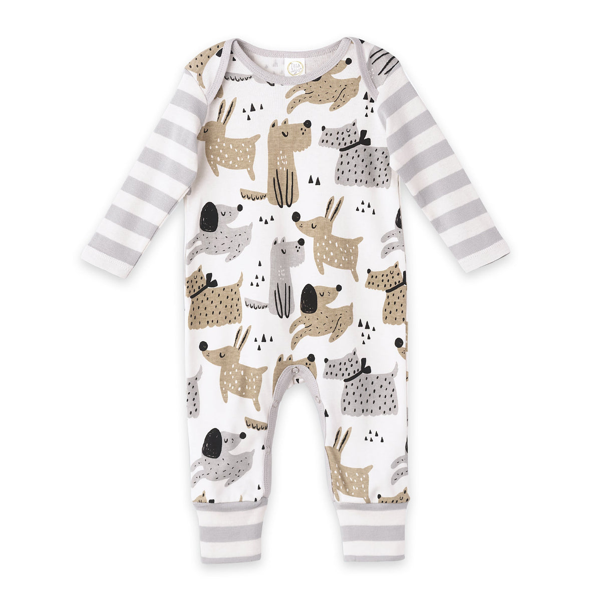 White long-sleeve romper with scattered puppy dog graphics and gray cuff stripes