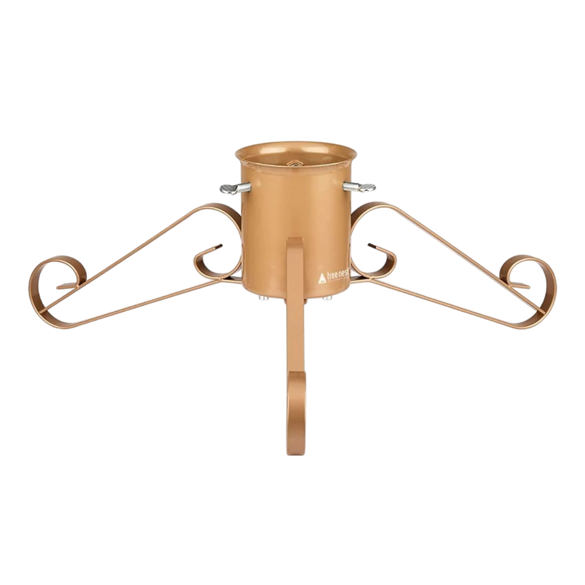 Gold medium Christmas tree stand with three spiral hook arms and stake base
