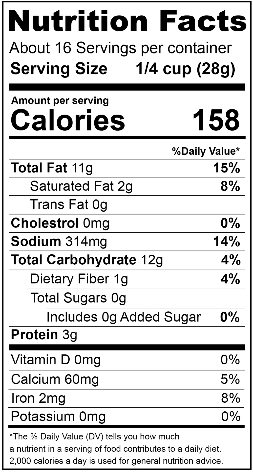 Nutrition Facts label: 1/4 cup serving, 158 calories per serving