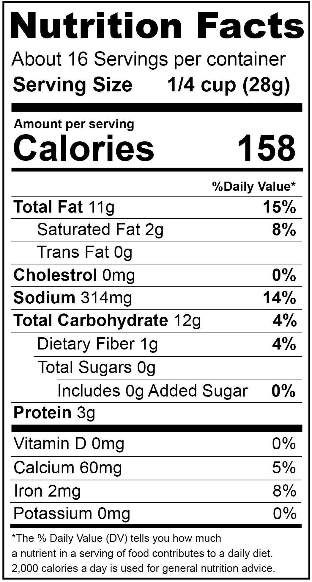 Nutrition Facts label: 1/4 cup serving, 158 calories per serving
