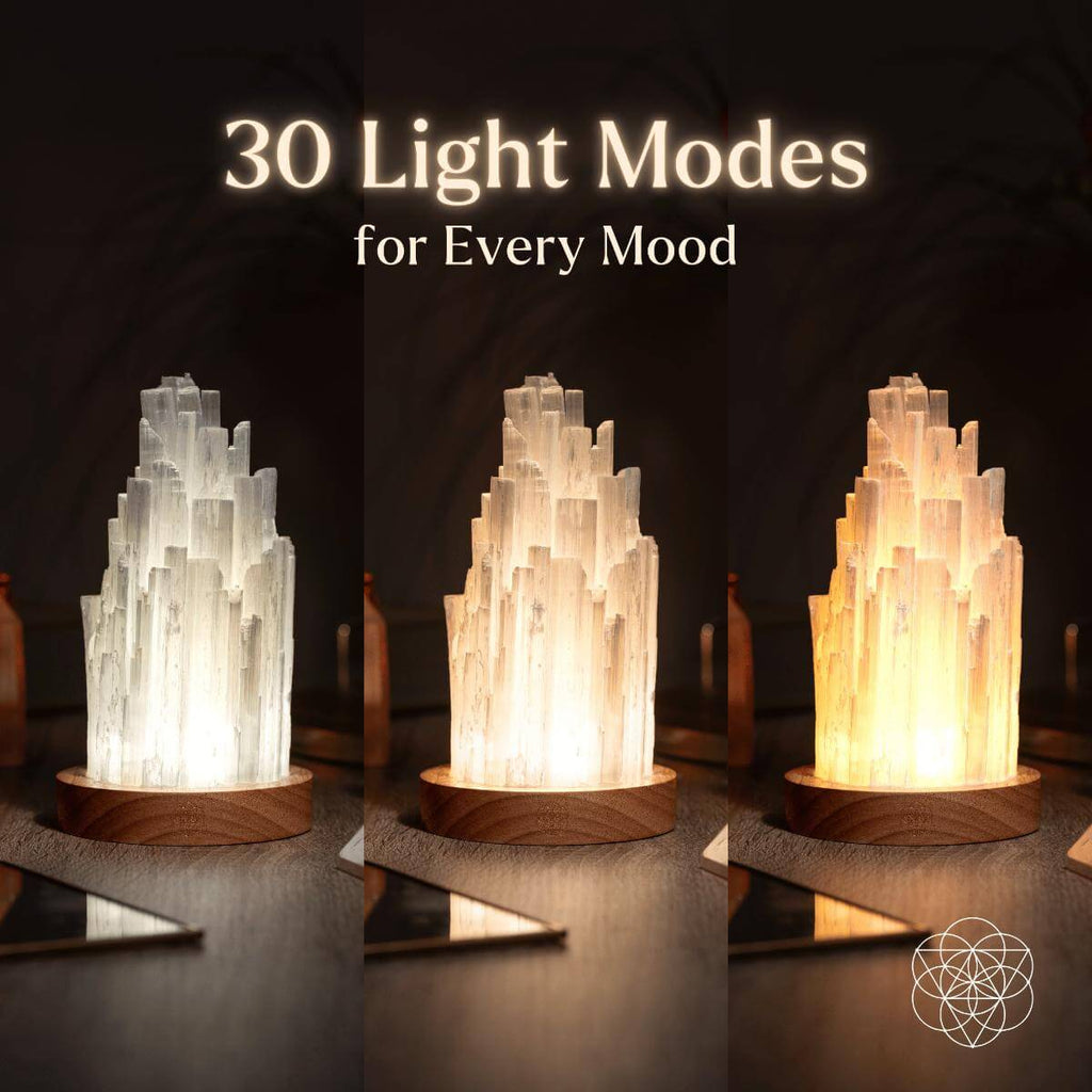 Selenite lamp showing white crystal tower with different light modes