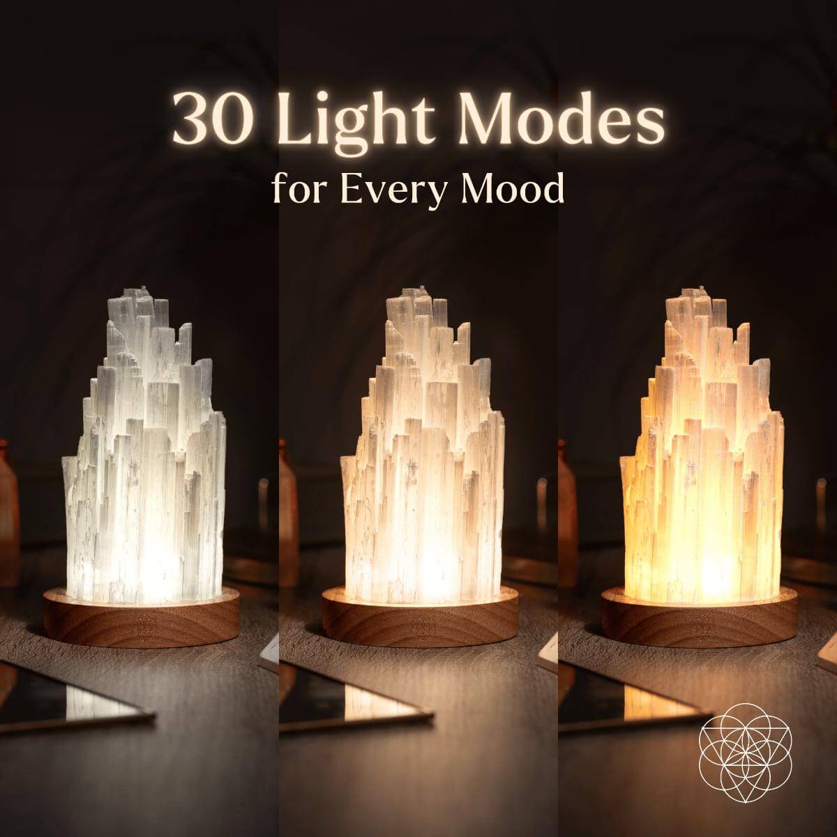 Selenite lamp showing white crystal tower with different light modes