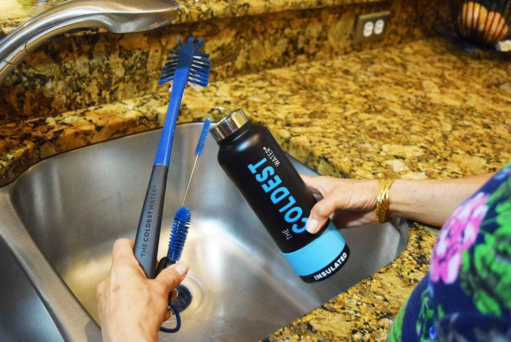 3-in-1 bottle cleaning brush set with blue bristles and black handle tools