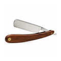 Straight razor with wood handle and polished steel blade, single edge