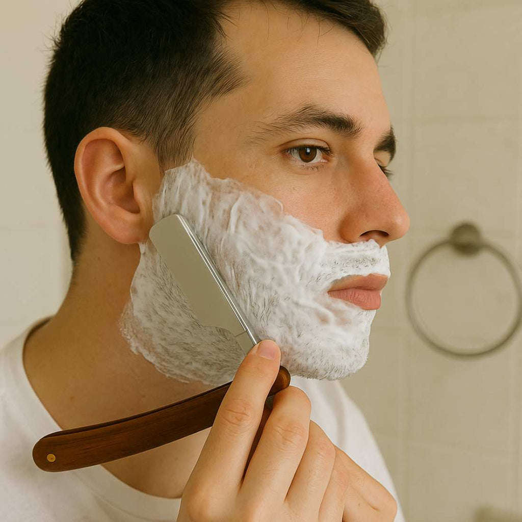 Straight razor in hand shaving with white foam on cheek and exposed blade
