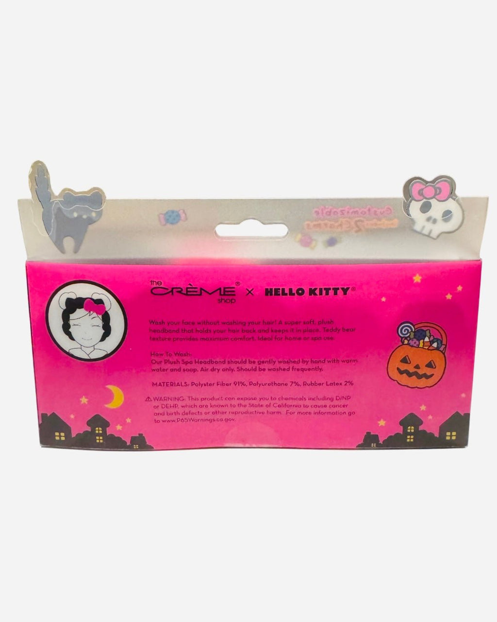 Back of customizable plush Halloween headband retail box with Halloween graphics