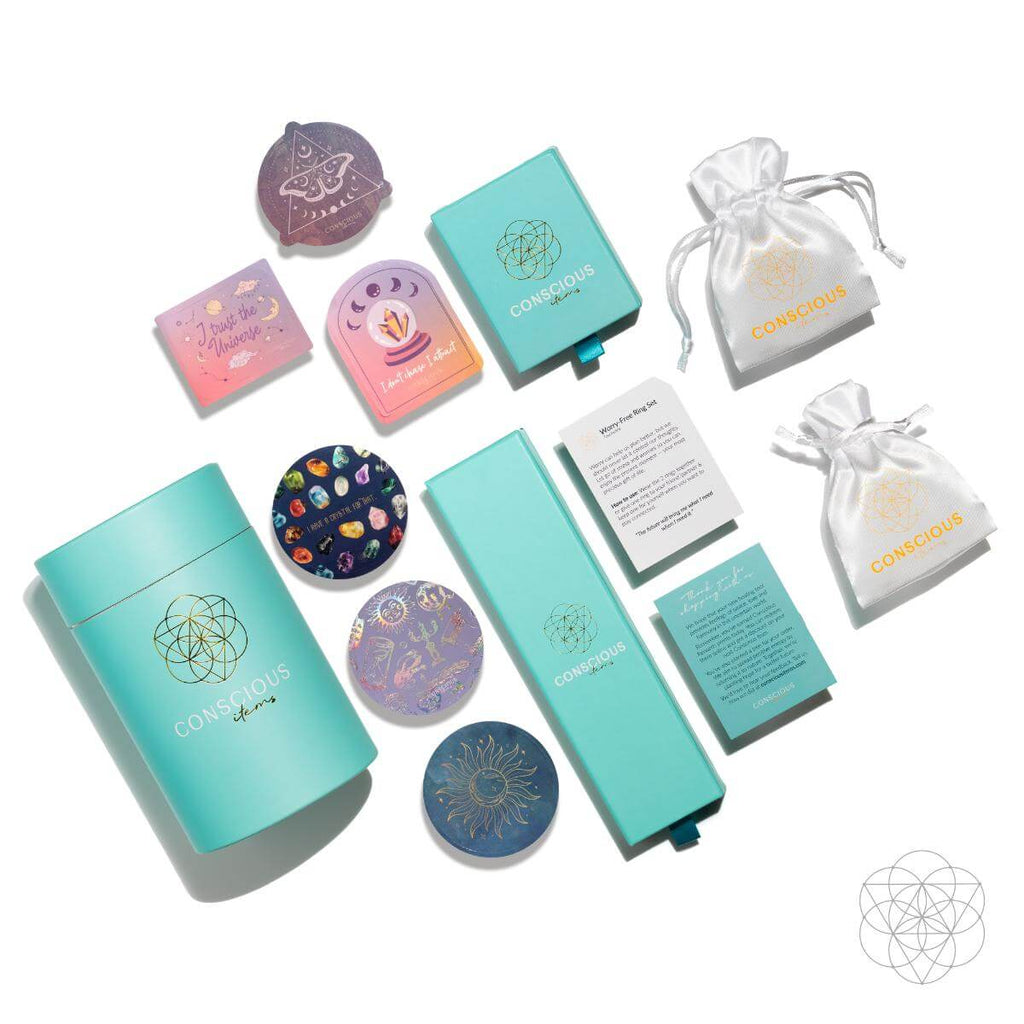 Bracelet gift set with turquoise boxes, tags, and white drawstring pouches