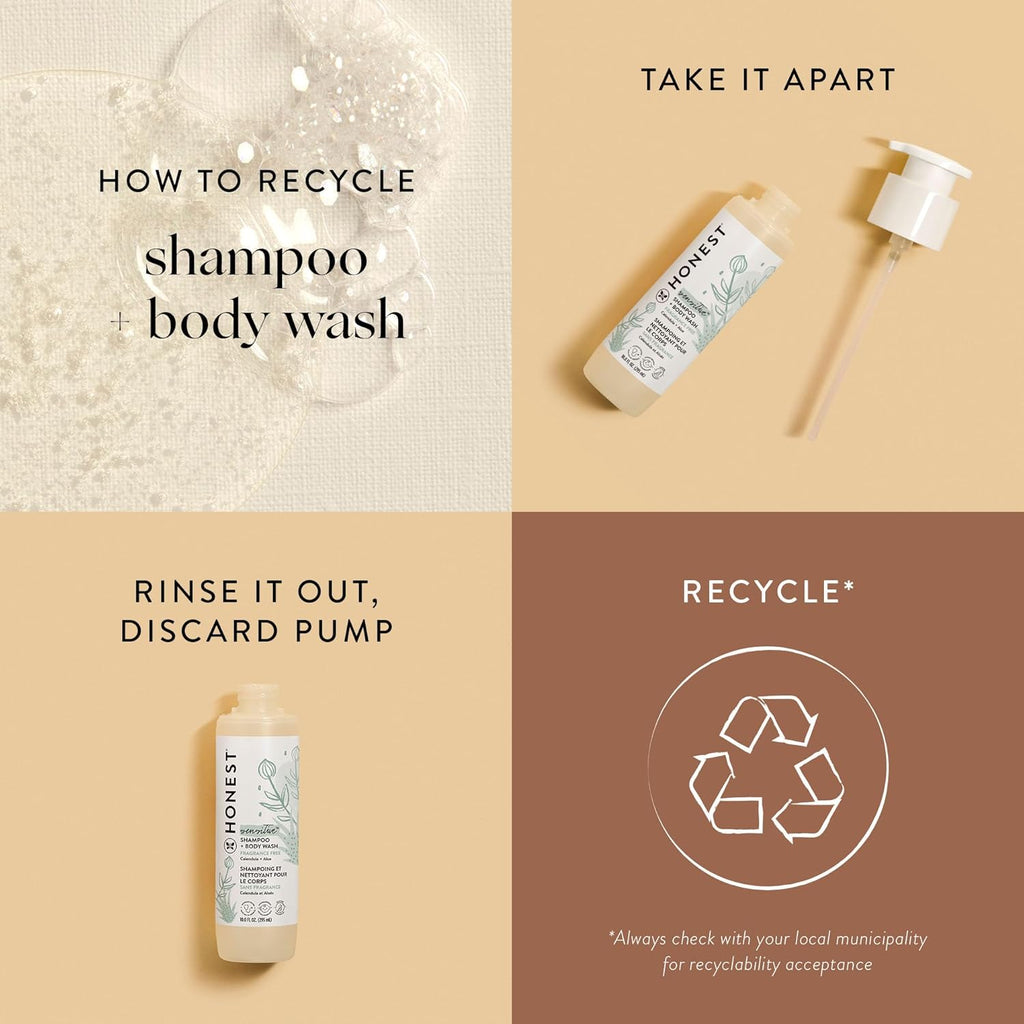 Honest 2-in-1 shampoo & body wash bottle with recycle instructions graphics