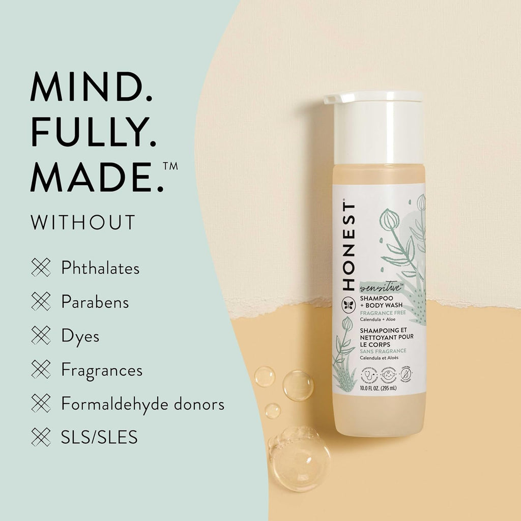 Honest 2-in-1 shampoo & body wash bottle with 'without' ingredient icon panel