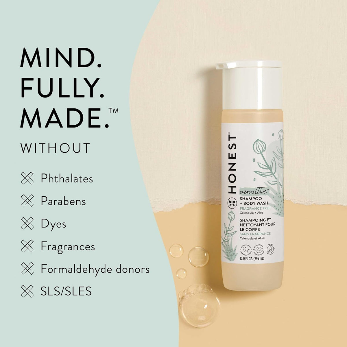 Honest 2-in-1 shampoo & body wash bottle with 'without' ingredient icon panel
