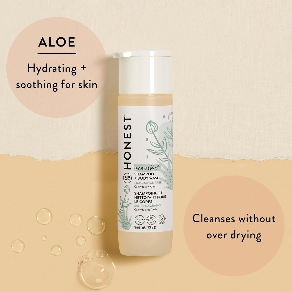 Honest 2-in-1 shampoo & body wash bottle with aloe graphic, fragrance-free