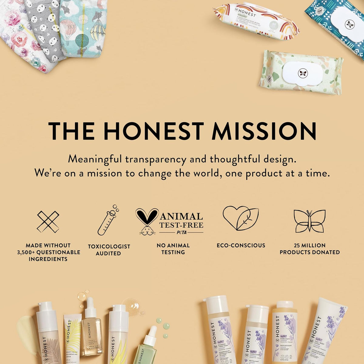 Honest 2-in-1 shampoo & body wash bottles with The Honest Mission banner