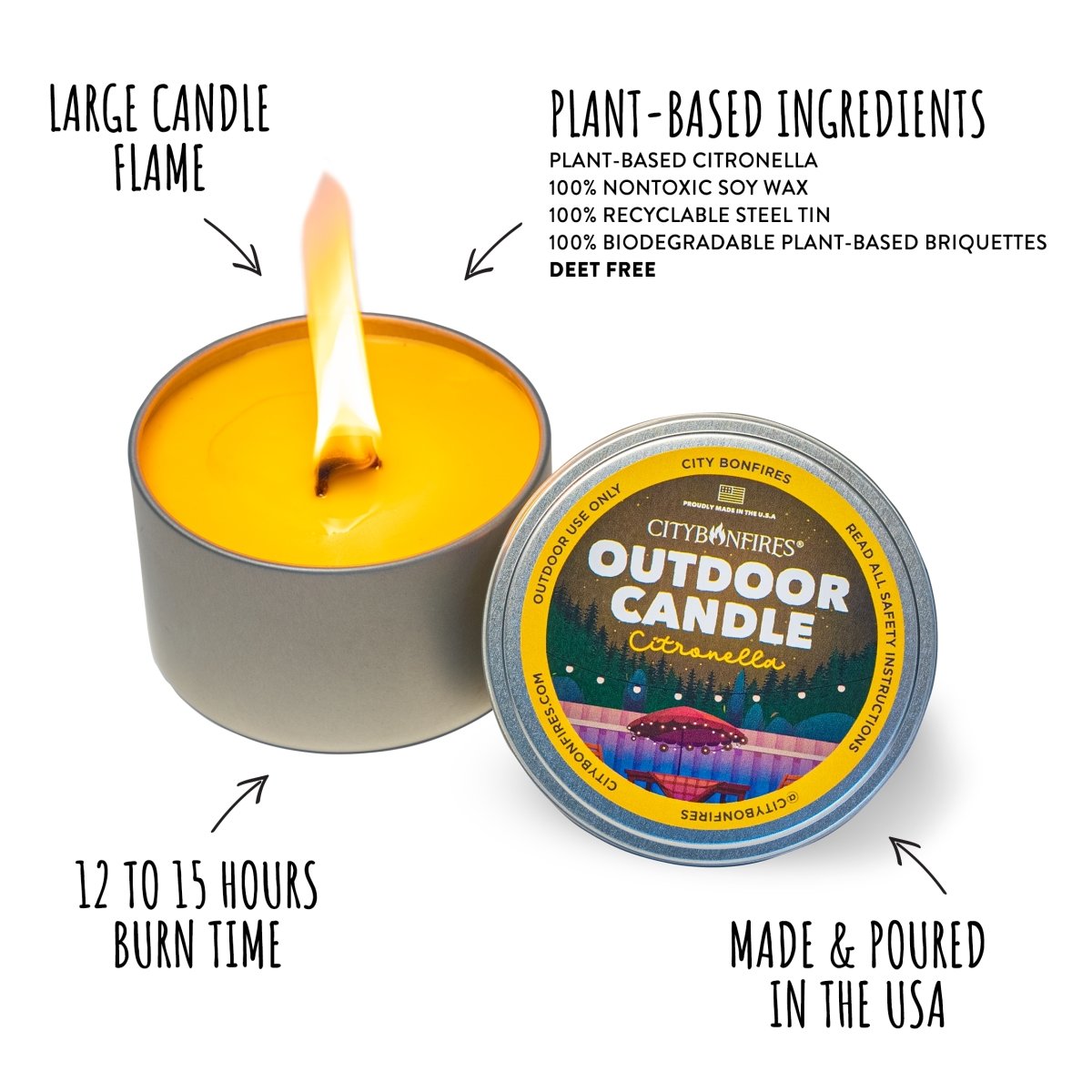 Large outdoor citronella candle with burning wick and metal tin lid