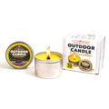 Outdoor citronella candle set with burning wax candle, metal tin, and retail box