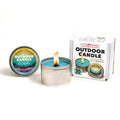 Outdoor candle in silver tin with lit flame and green wax