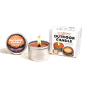Outdoor citronella candle set with lit tin, lid, and boxed packaging, s'mores scent