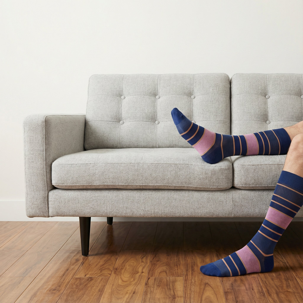 Striped crew dress socks in dark blue, teal, purple, and orange