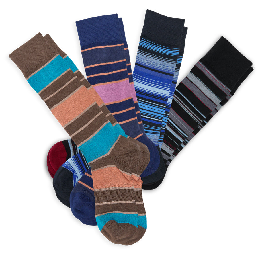Striped dress socks set with brown, teal, navy, blue, black, and red accents