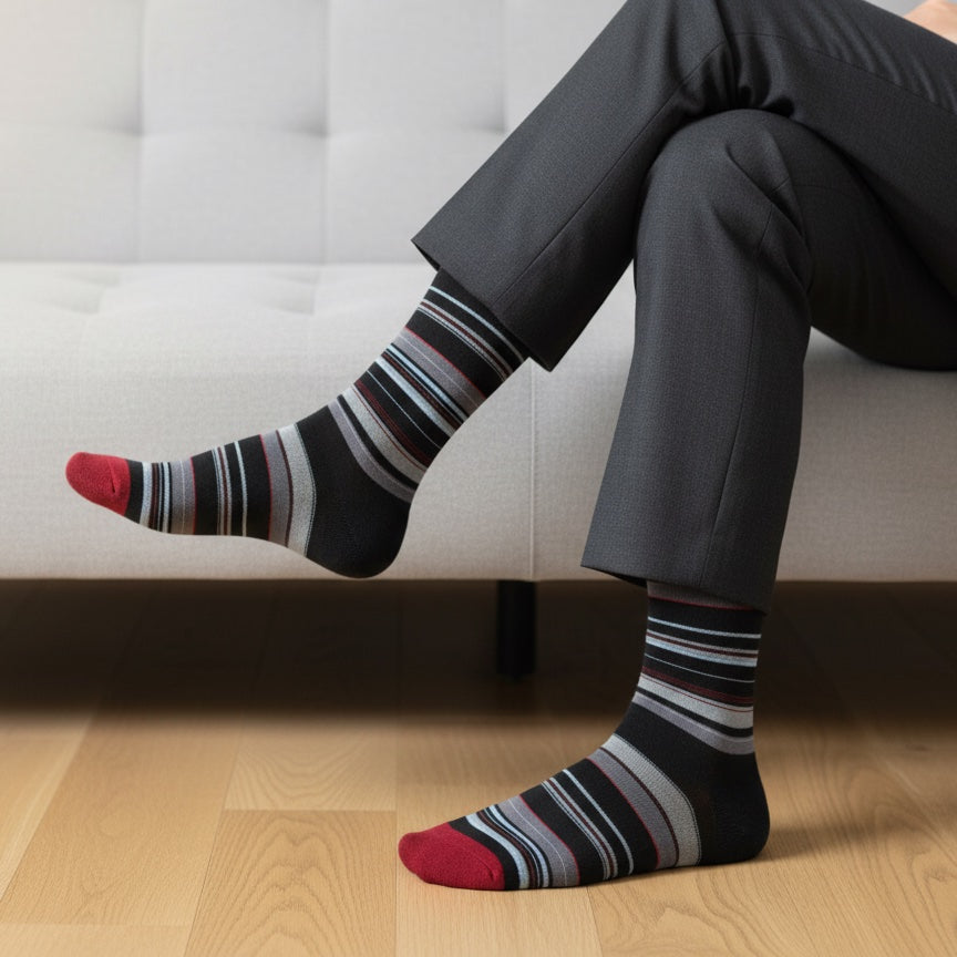 Man wearing striped dress socks in black, gray, and red under suit