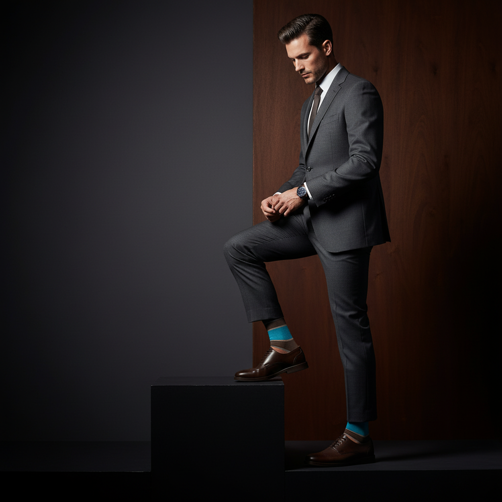 Man wearing striped dress socks in teal and brown with a suit