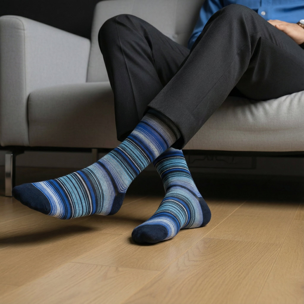Blue striped crew dress socks with black toe and heel