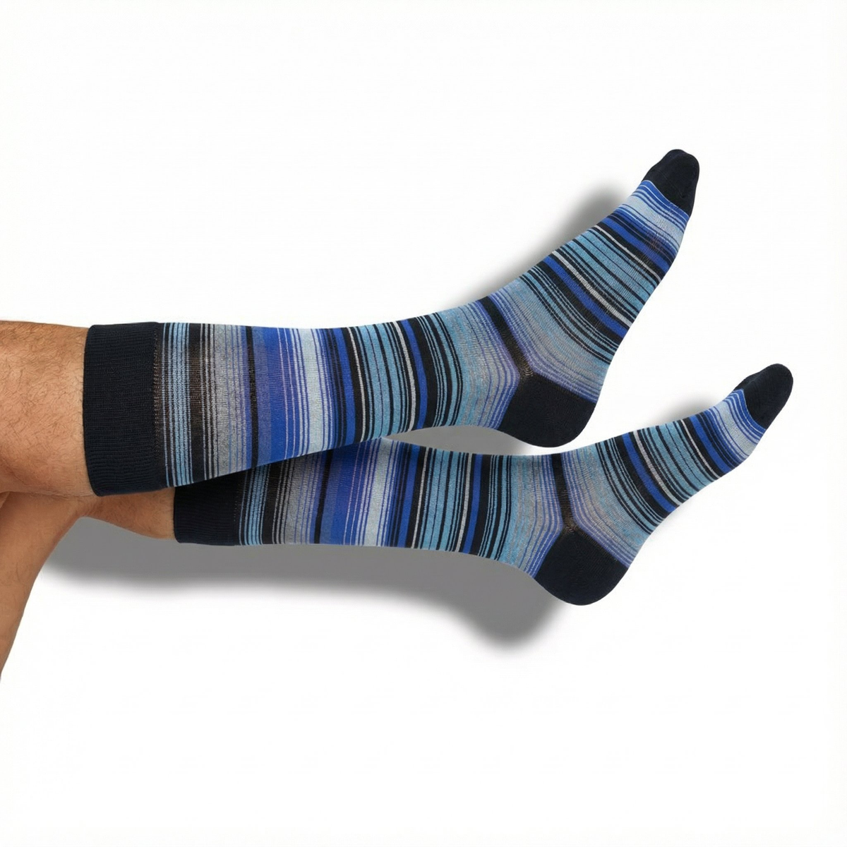 Striped blue crew dress socks with black cuff and multi-blue bands