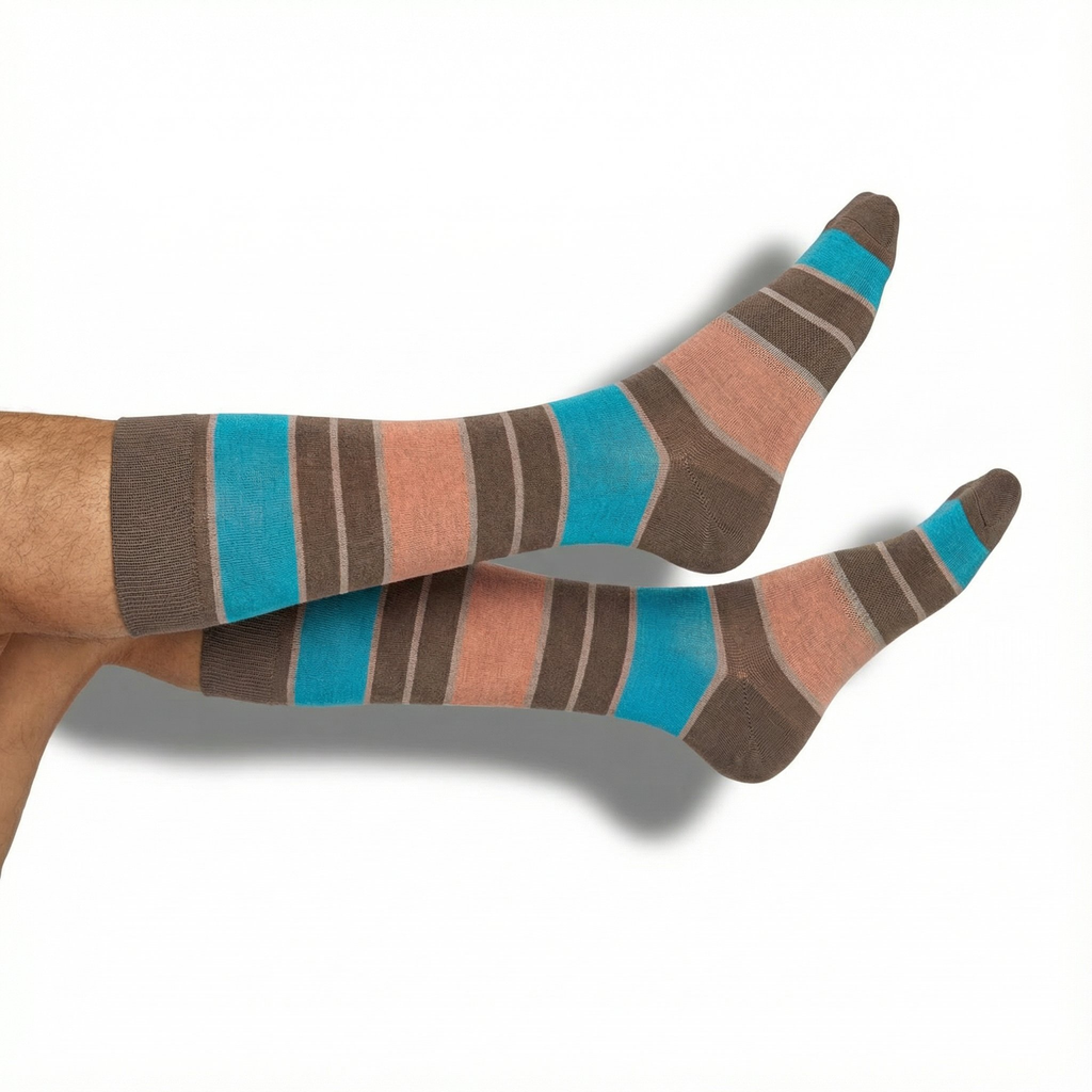 Crew dress socks with striped pattern in brown, tan, teal, and gray