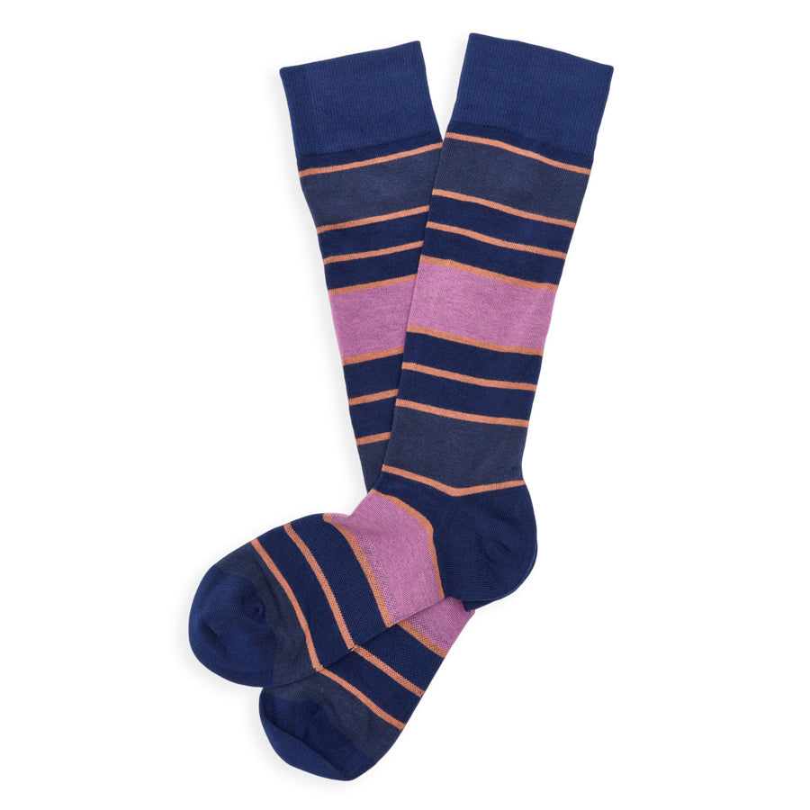 Pair of striped crew dress socks in navy, purple, and orange with ribbed cuffs