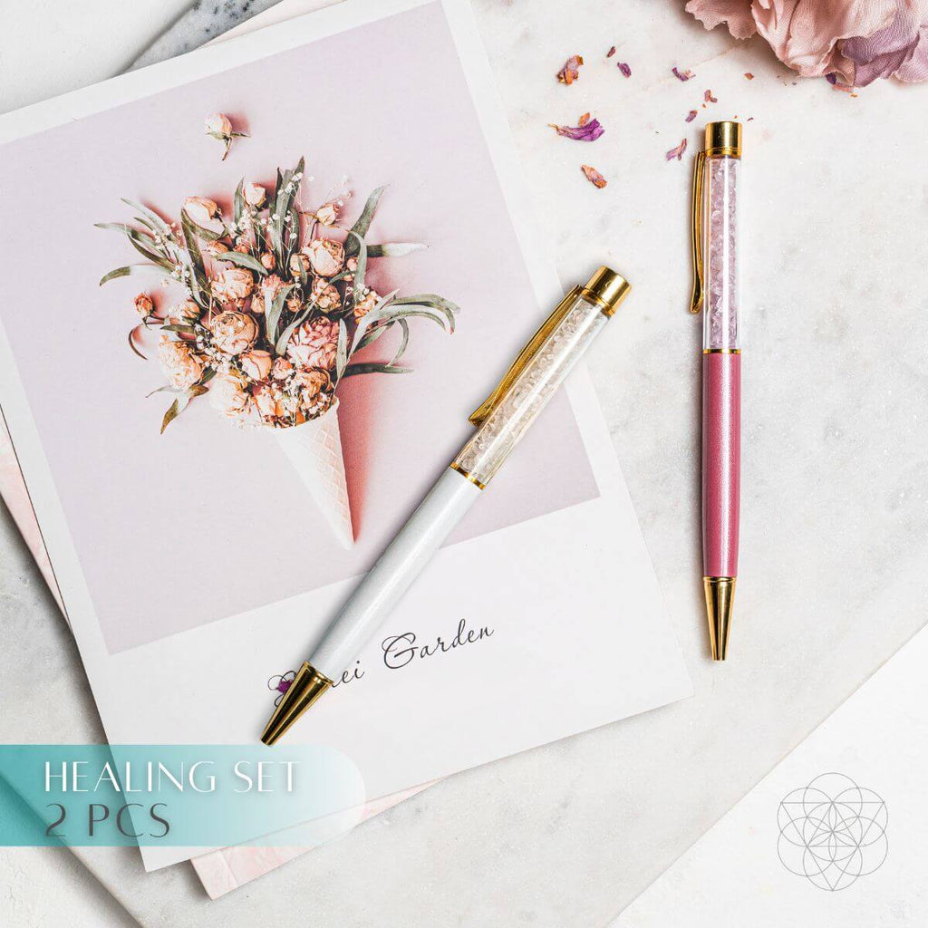 Healing set crystal pen with gold cap and pink barrel, shown with pen companions