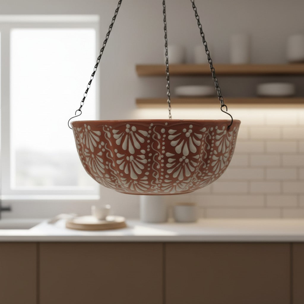 Brown and white Talavera hanging ceramic planter with ornate white pattern