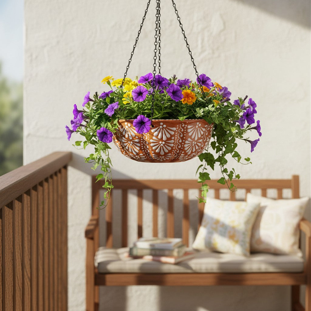 Brown and white Talavera hanging ceramic planter with purple flowers