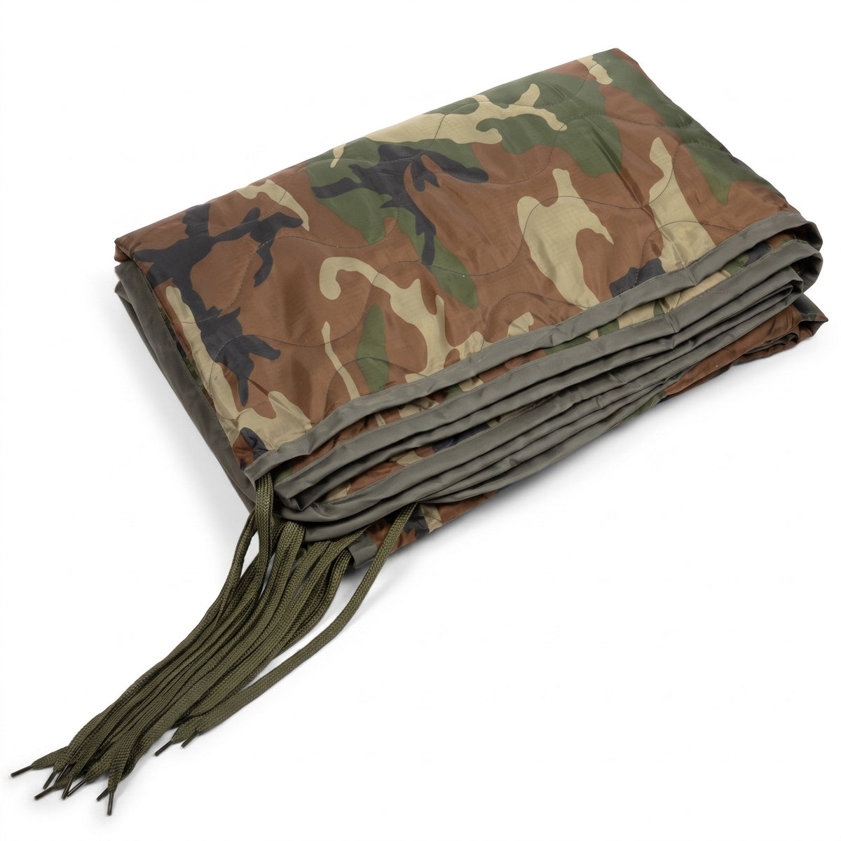 Woobie blanket in woodland camo, folded stack with tie cords