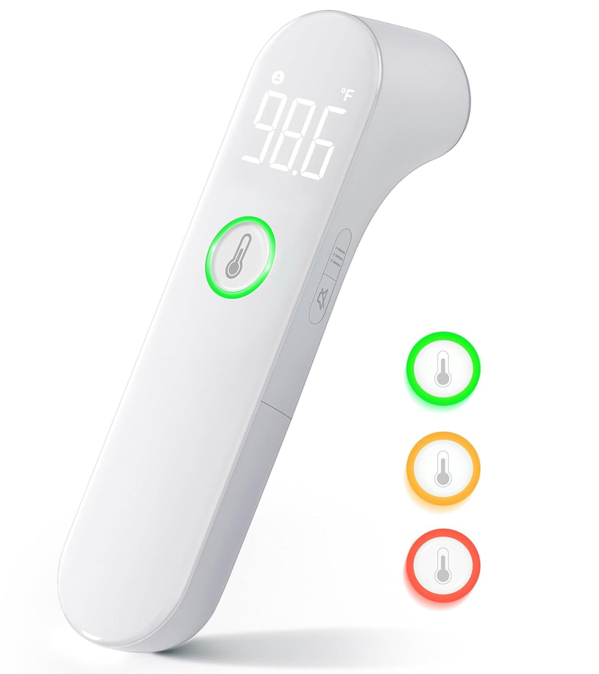 White digital thermometer with green-lit temperature icon and LCD display screen
