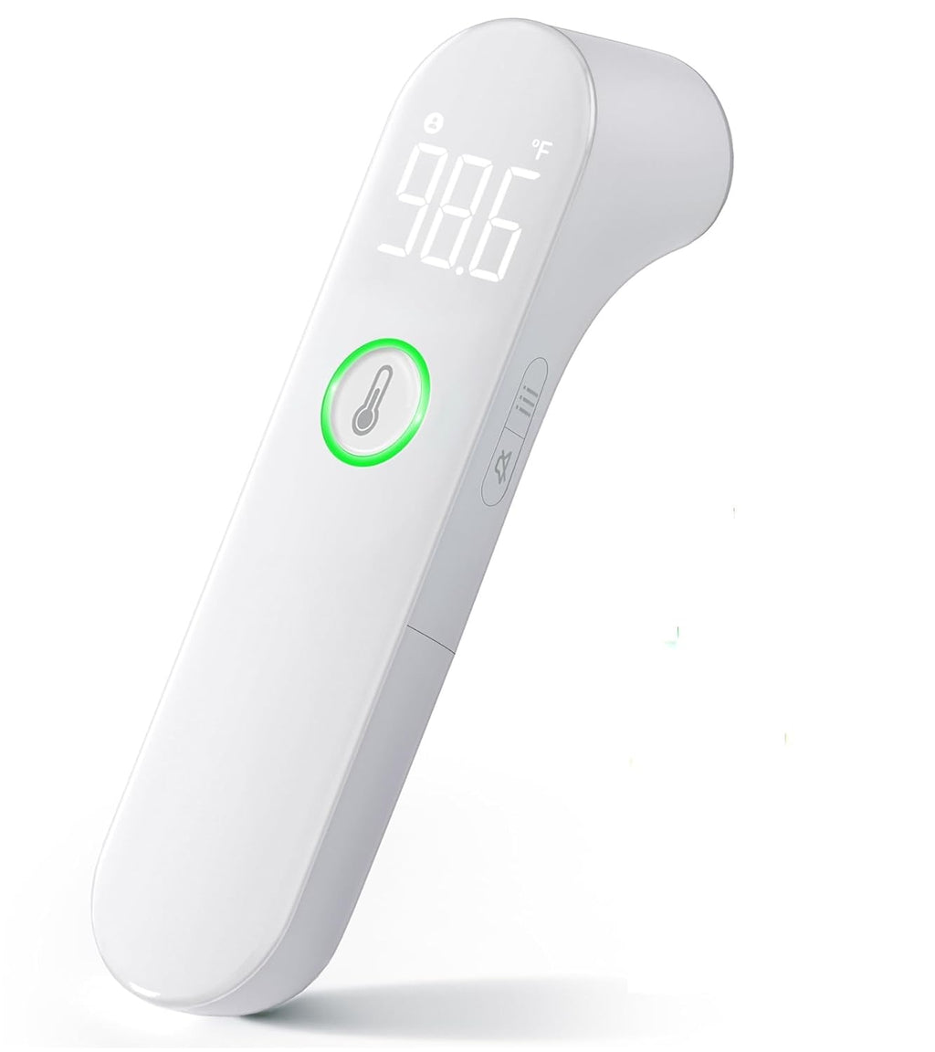 White digital thermometer, angled view with large LCD temperature reading