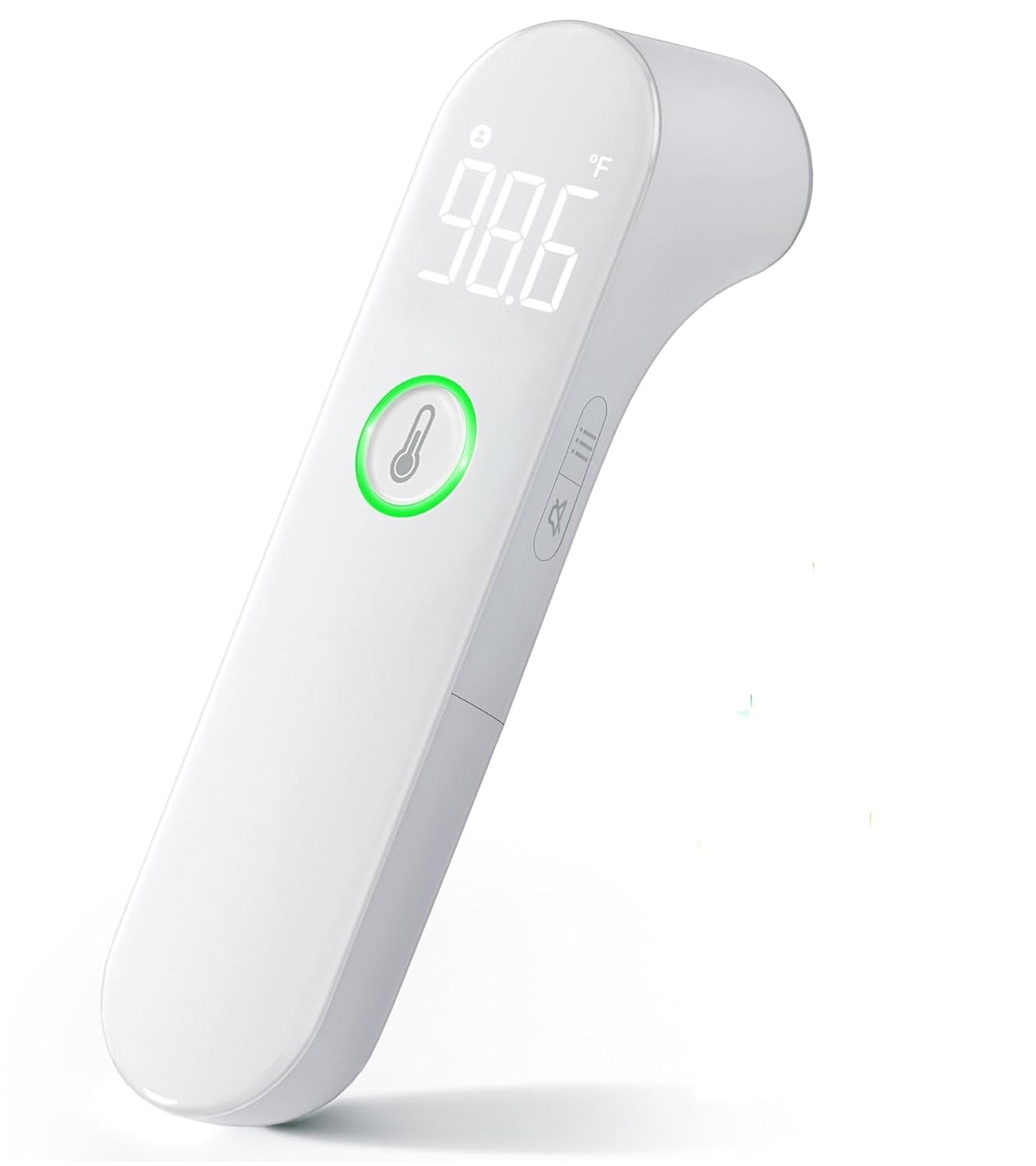 White digital thermometer, angled view with large LCD temperature reading
