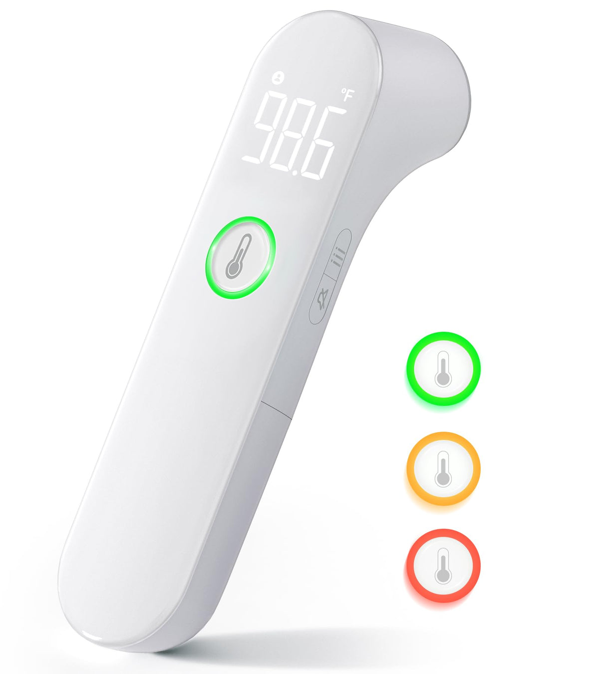 White digital thermometer with green, orange, and red alert icons on side