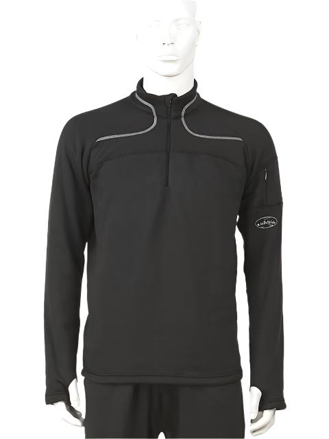 Men's black half-zip fleece top with stand collar and contrast piping