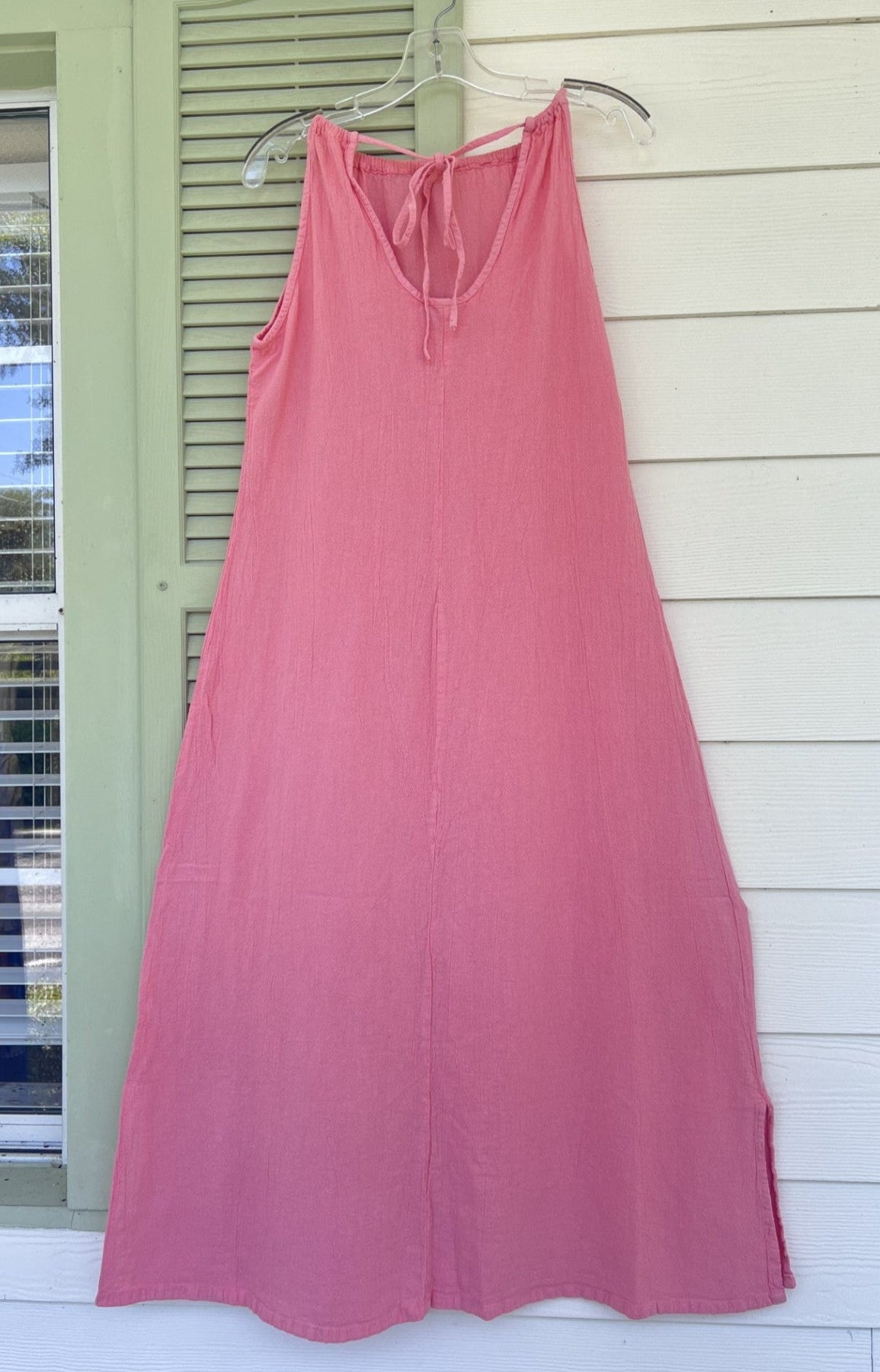 Cotton gauze dress, rose pink halter-back maxi with keyhole tie