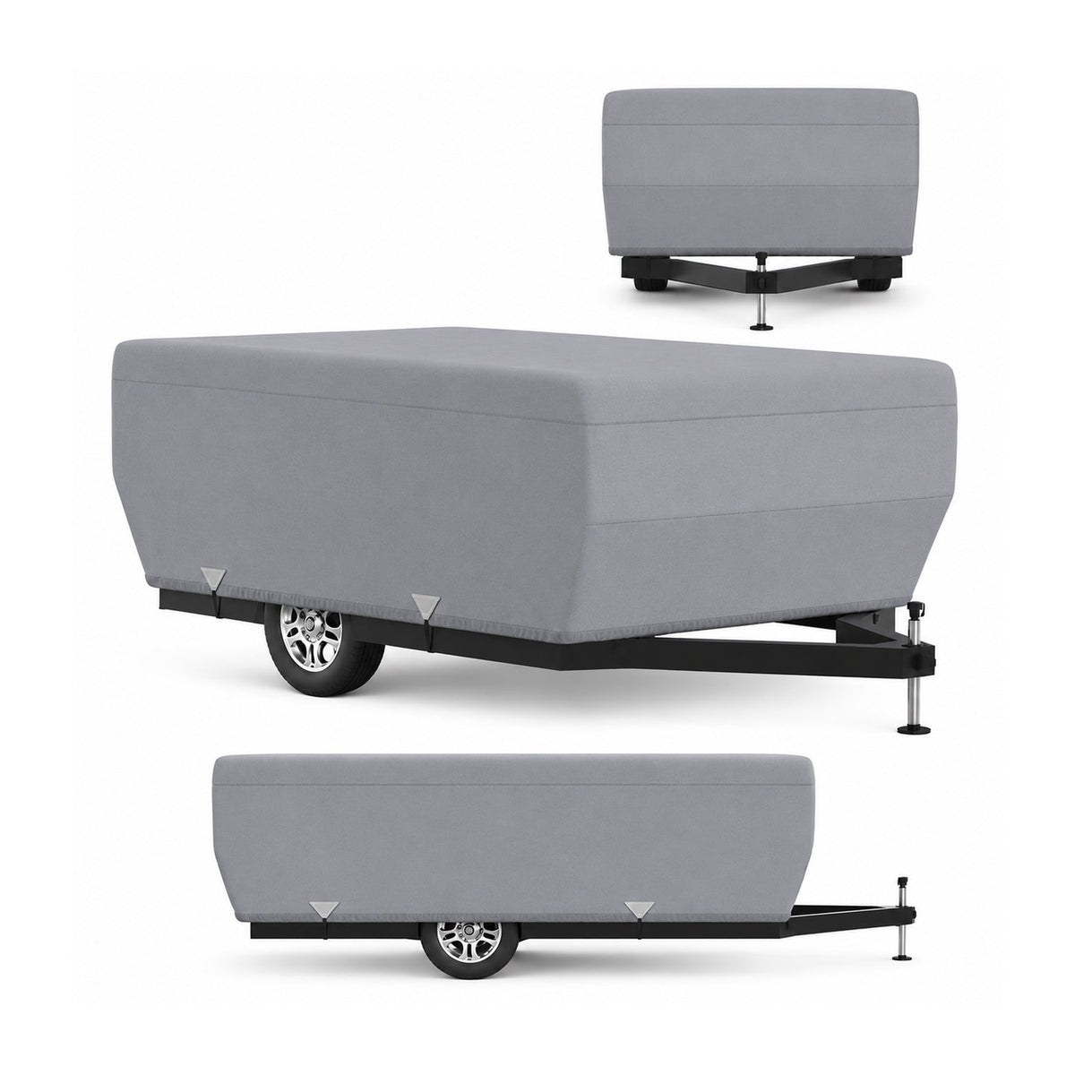 Folding pop-up camper cover, gray fitted cover with front valance and support poles