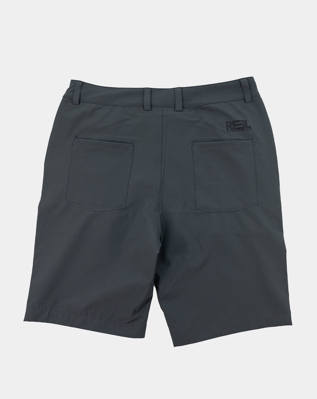 Dark gray sportswear shorts with front pockets and small right logo