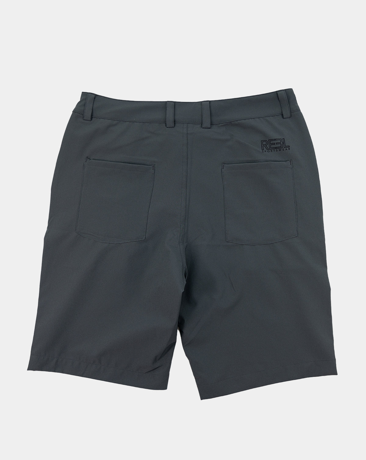 Dark gray sportswear shorts with front pockets and small right logo