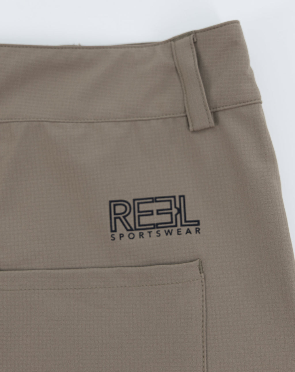 Khaki shorts with RESL Sportswear logo on front
