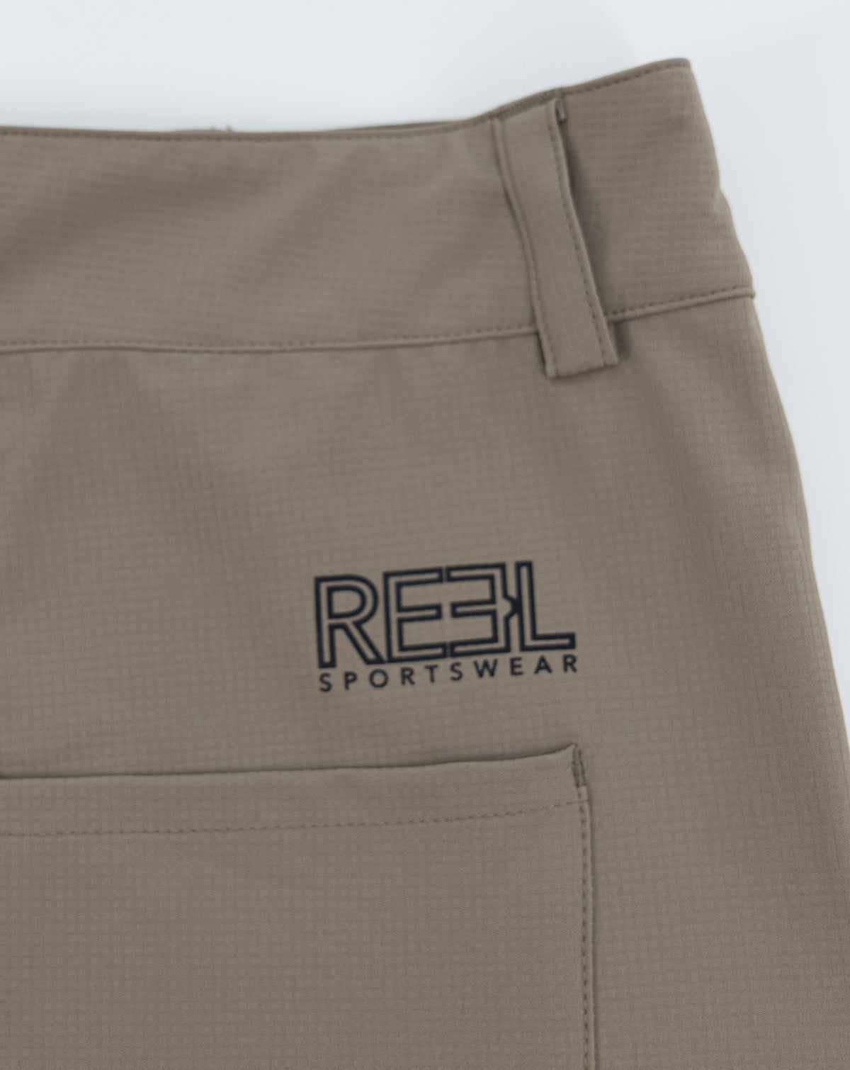 Khaki shorts with RESL Sportswear logo on front