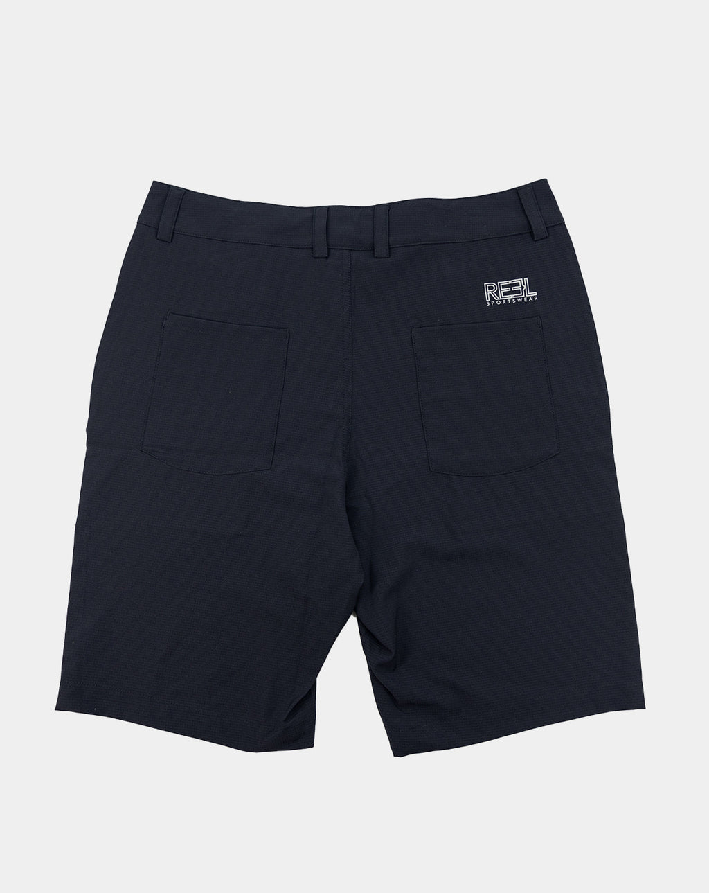 Navy sportswear shorts with flap front pockets and small right logo