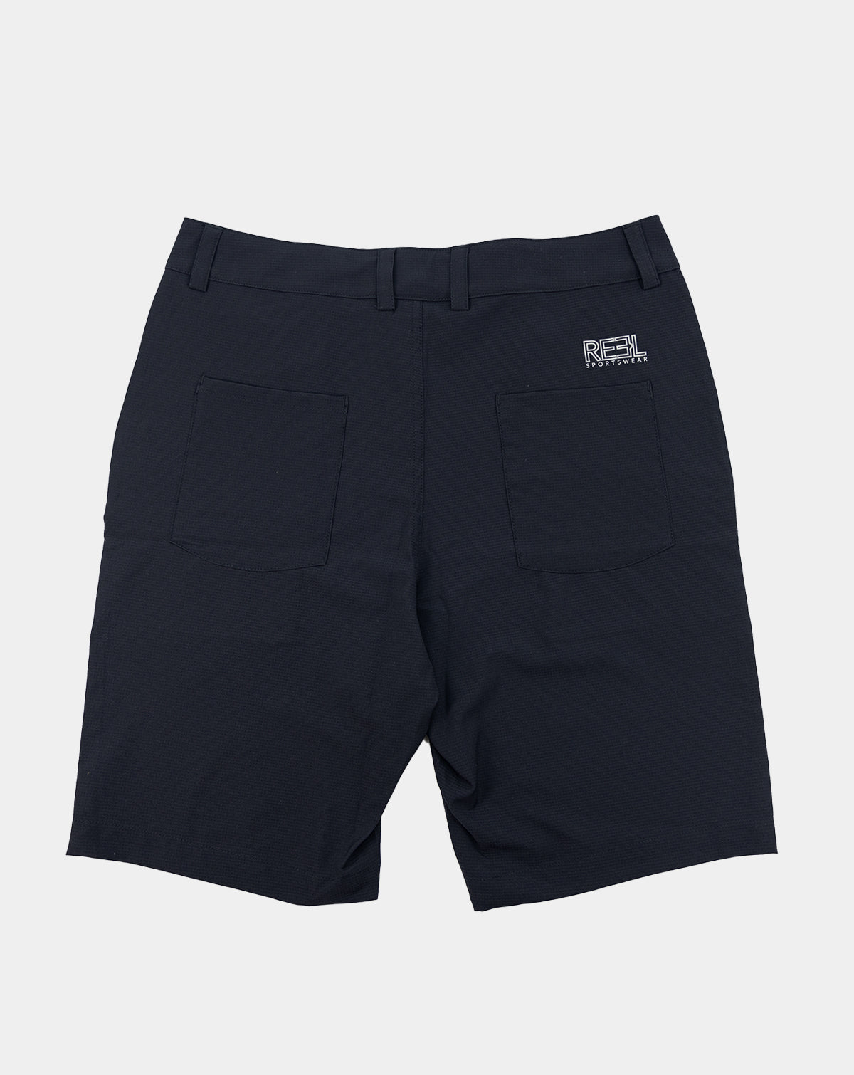 Navy sportswear shorts with flap front pockets and small right logo