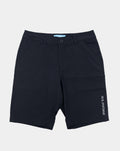 Navy sportswear shorts with button waist and side logo text