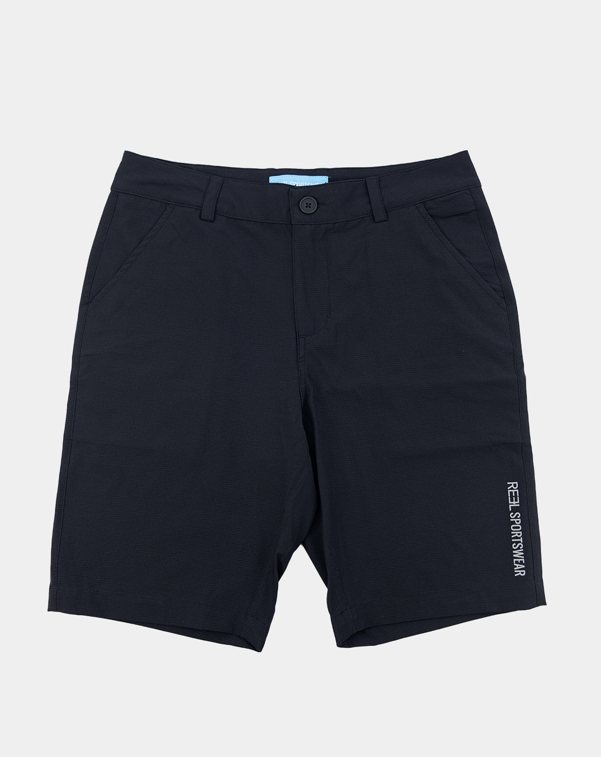 Navy sportswear shorts with button waist and side logo text