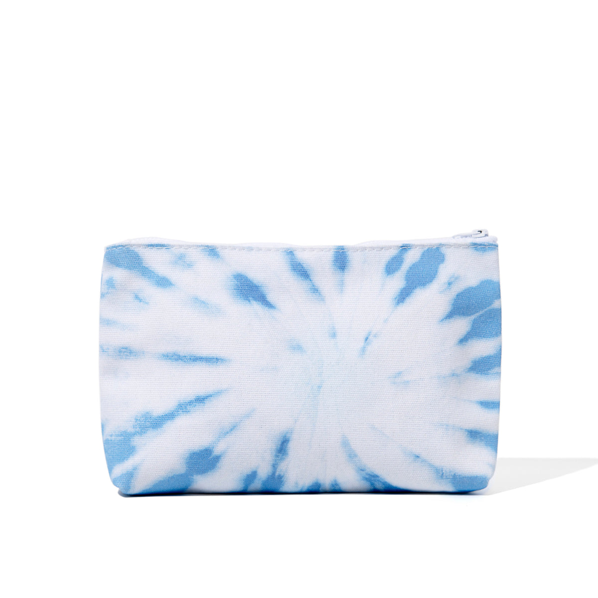 Blue tie-dye zippered travel pouch with no visible front graphic