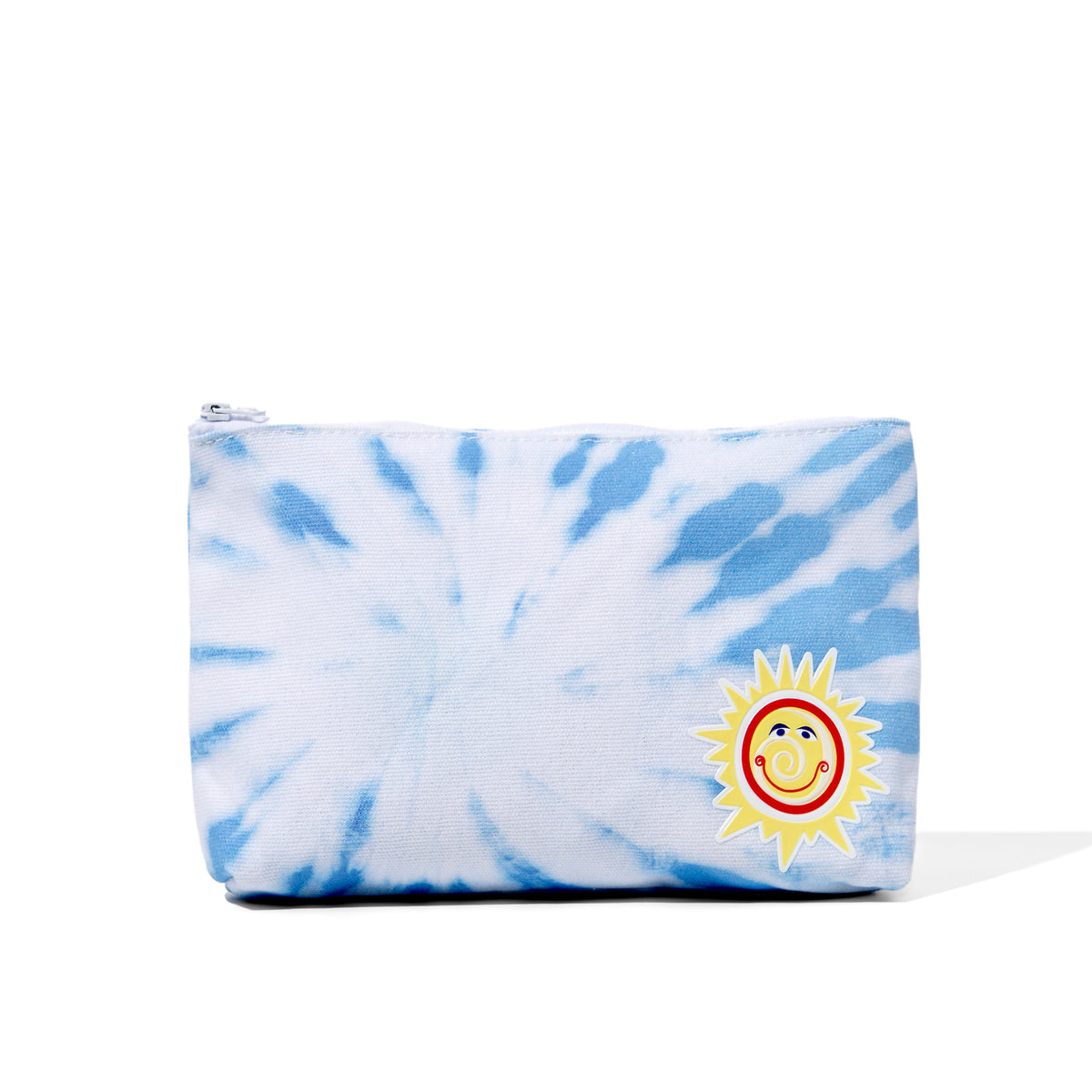 Blue tie-dye zippered travel pouch with sun-face patch on the front