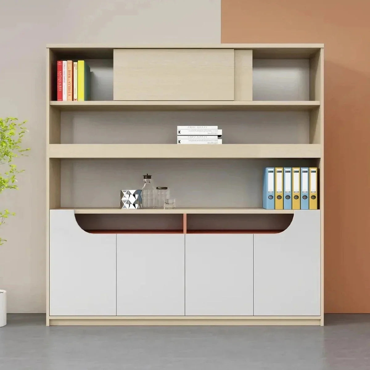 Beige storage cabinet with three open compartments, lower doors, and dark orange shelf